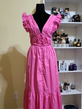O.p.t Bright Pink Ruffle Sleeve Midi Dress Size XS